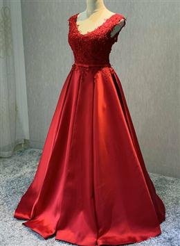 Picture of Red Color Satin V-neckline Floor Length Prom Dresses, Backless Red Color Party Dresses